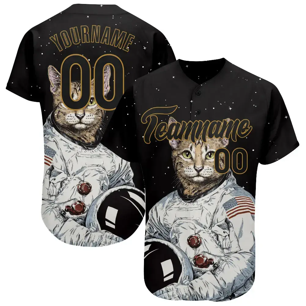Custom Black Black-Old Gold 3D Pattern Design Astronaut Authentic Baseball Jersey Image