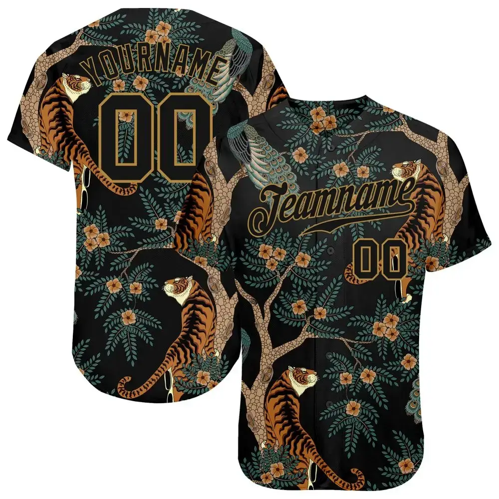 Custom Black Black-Old Gold 3D Pattern Design Tiger And Peacock Authentic Baseball Jersey Image