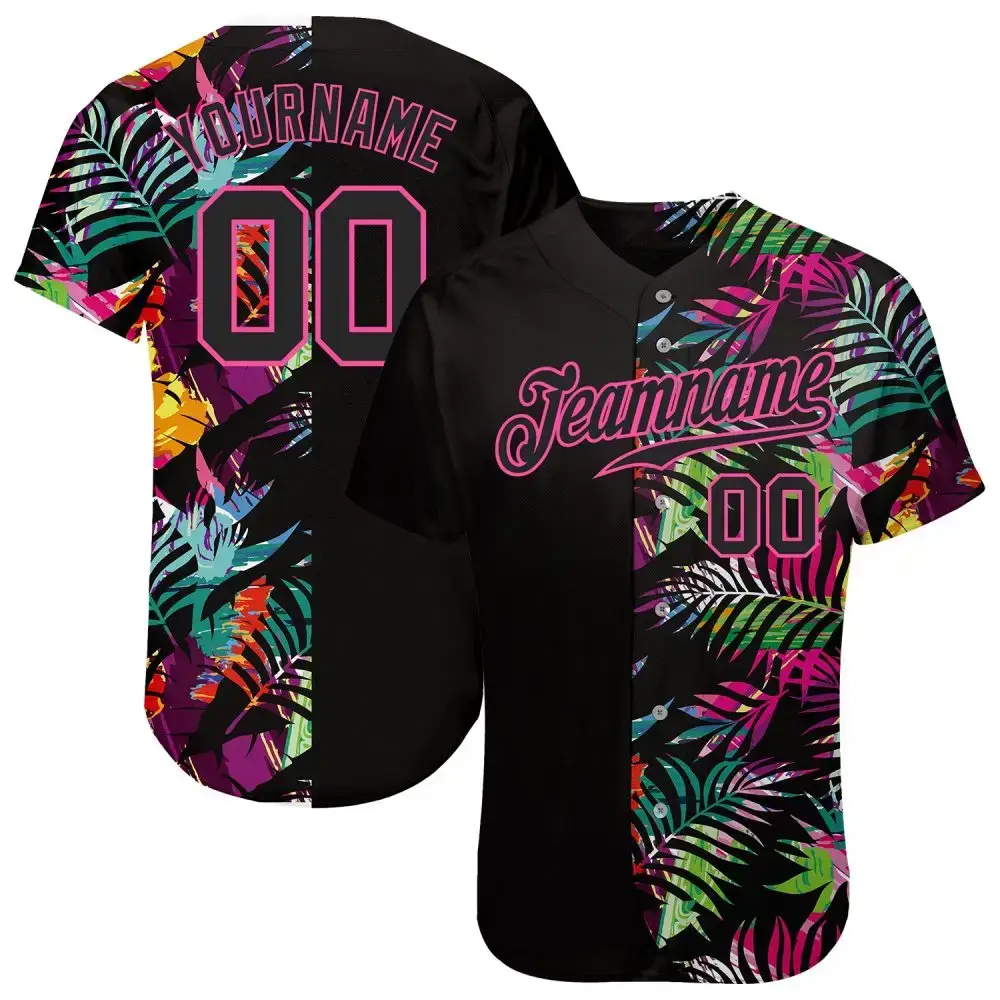 Custom Black Black-Pink 3D Pattern Design Tropical Palm Leaves Authentic Baseball Jersey Image