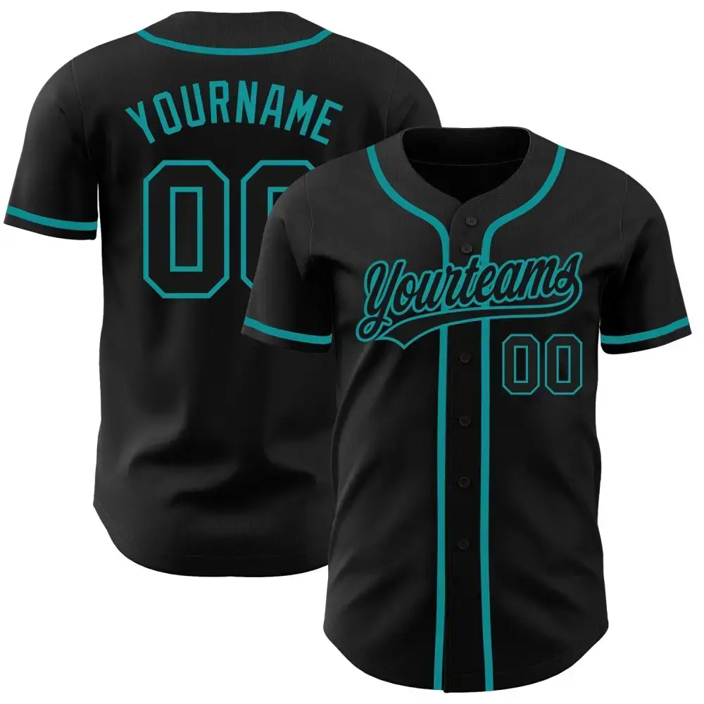 Custom Black Black-Teal Authentic Baseball Jersey Image