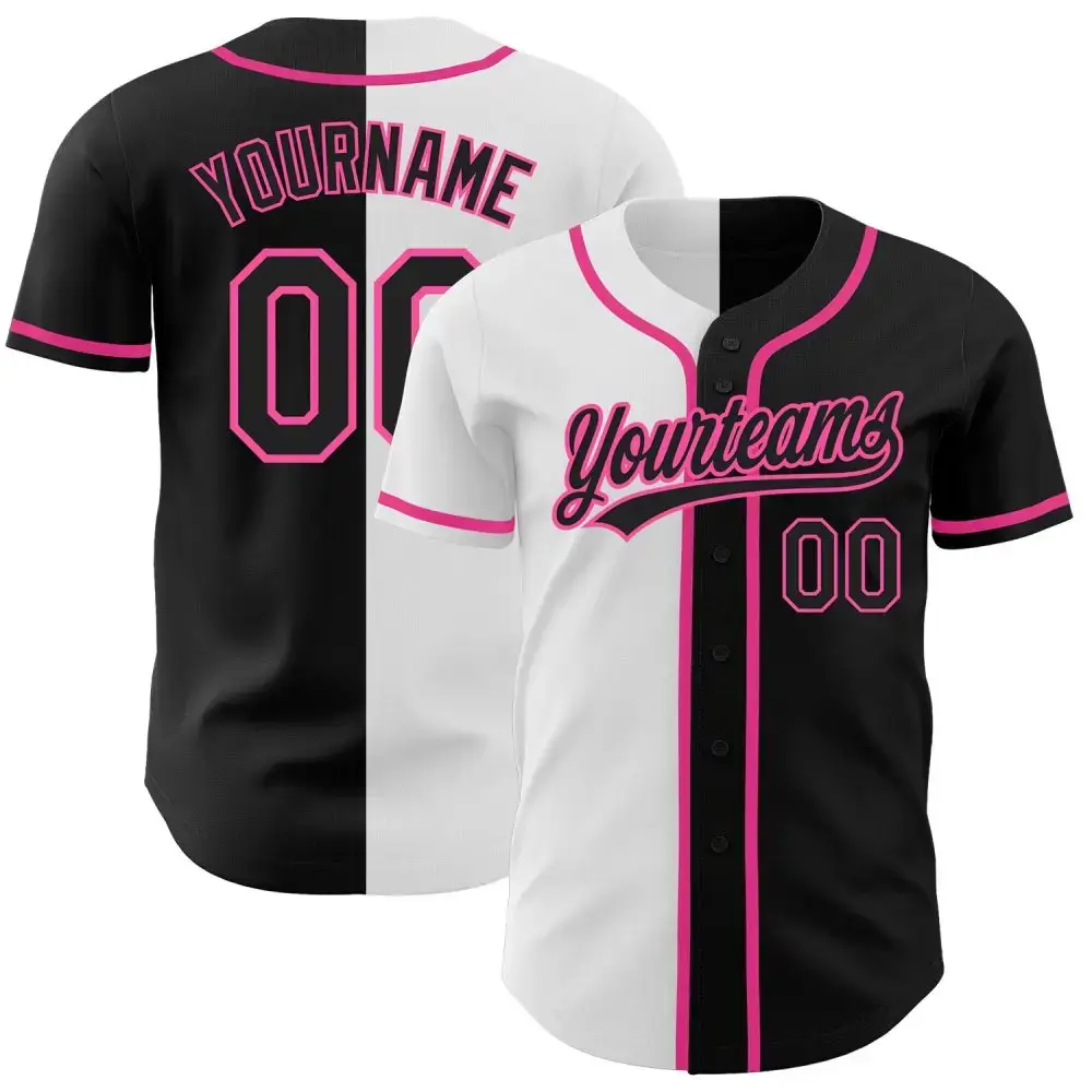 Custom Black Black White-Pink Authentic Split Fashion Baseball Jersey Image