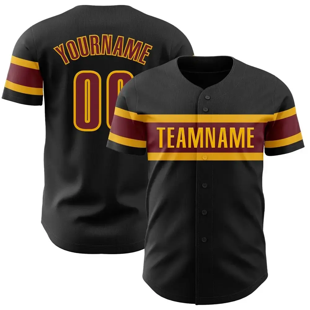 Custom Black Burgundy-Gold Authentic Baseball Jersey Image