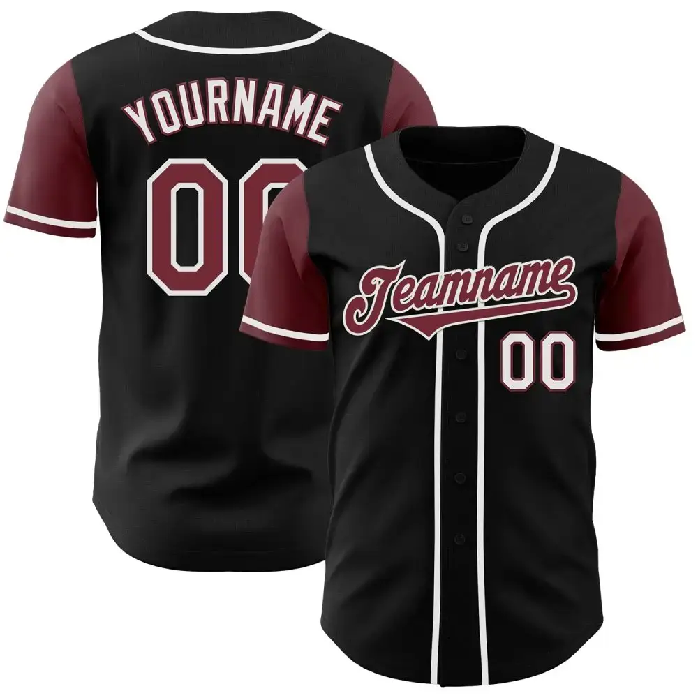 Custom Black Burgundy-White Authentic Two Tone Baseball Jersey Image