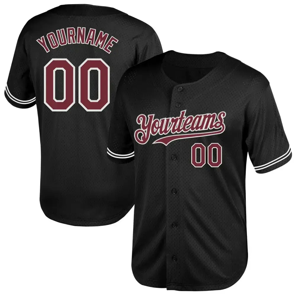 Custom Black Burgundy-White Mesh Authentic Throwback Baseball Jersey Image