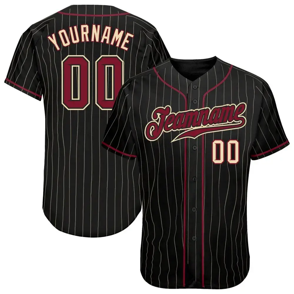Custom Black Cream Pinstripe Crimson-Cream Authentic Baseball Jersey Image