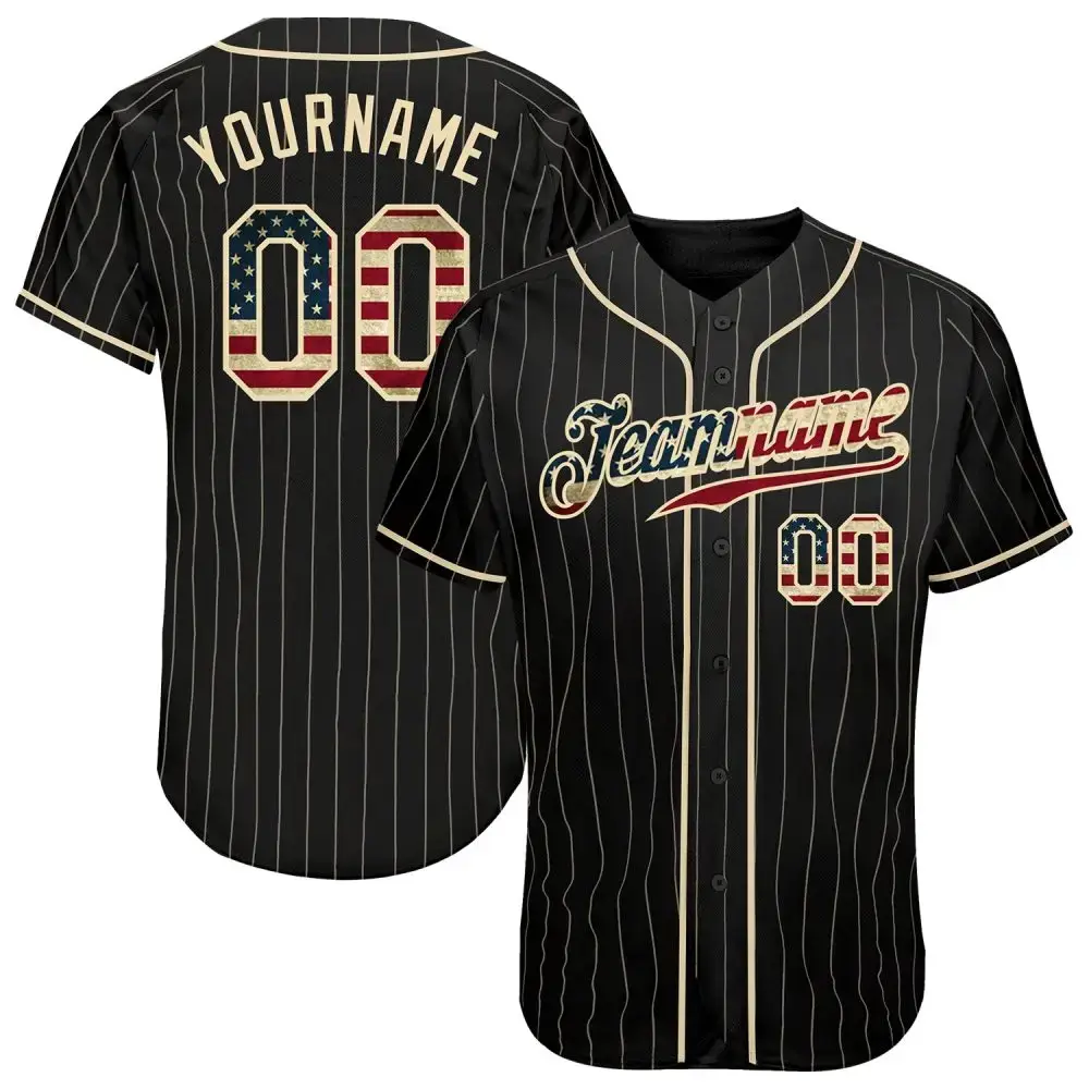 Custom Black Cream Pinstripe Vintage Usa Flag-Cream Authentic Baseball Jersey Image