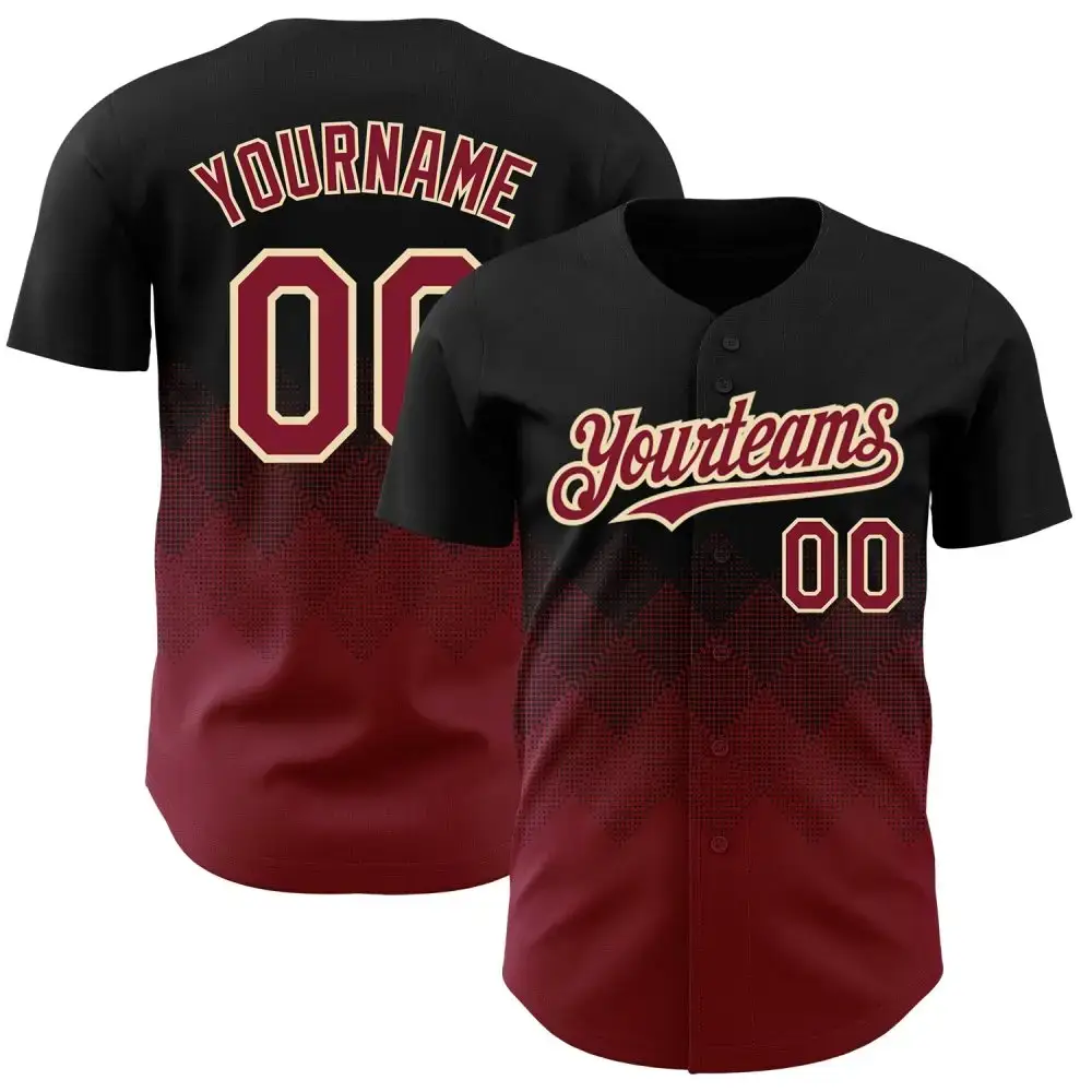 Custom Black Crimson-City Cream 3D Pattern Design Gradient Square Shapes Authentic Baseball Jersey Image