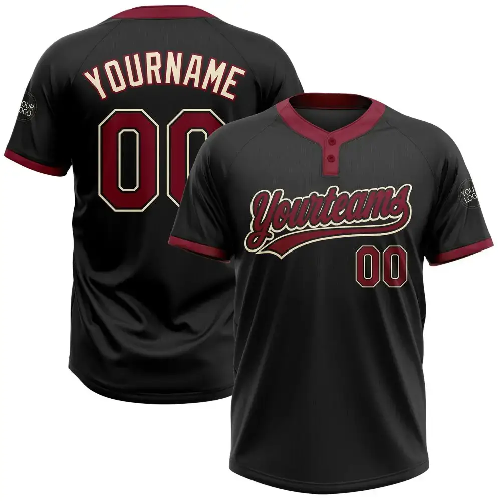 Custom Black Crimson-Cream Two-Button Unisex Softball Jersey Image