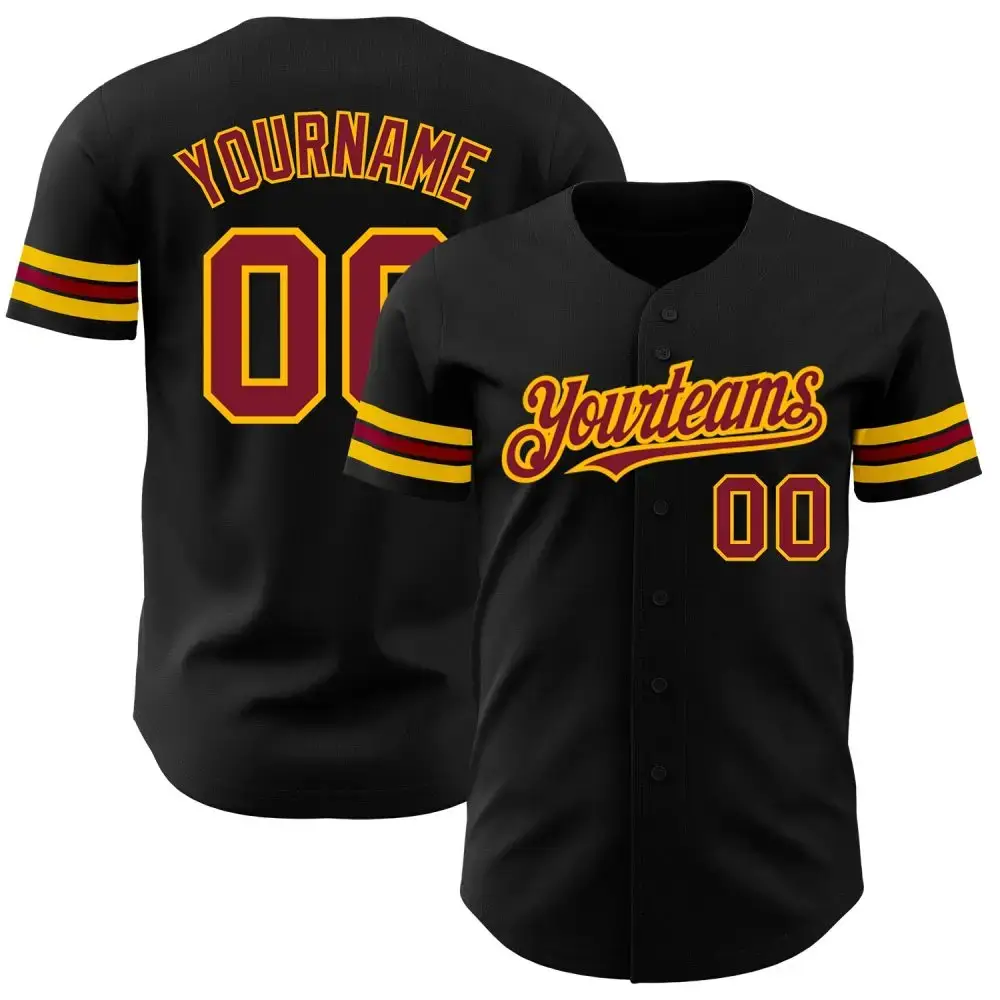 Custom Black Crimson-Gold Authentic Baseball Jersey Image