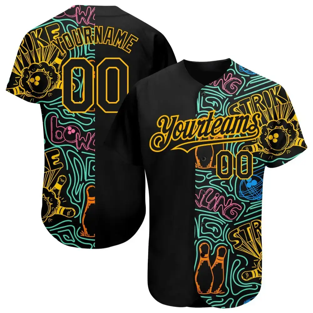 Custom Black Gold 3D Pattern Design Bowling Authentic Baseball Jersey Image