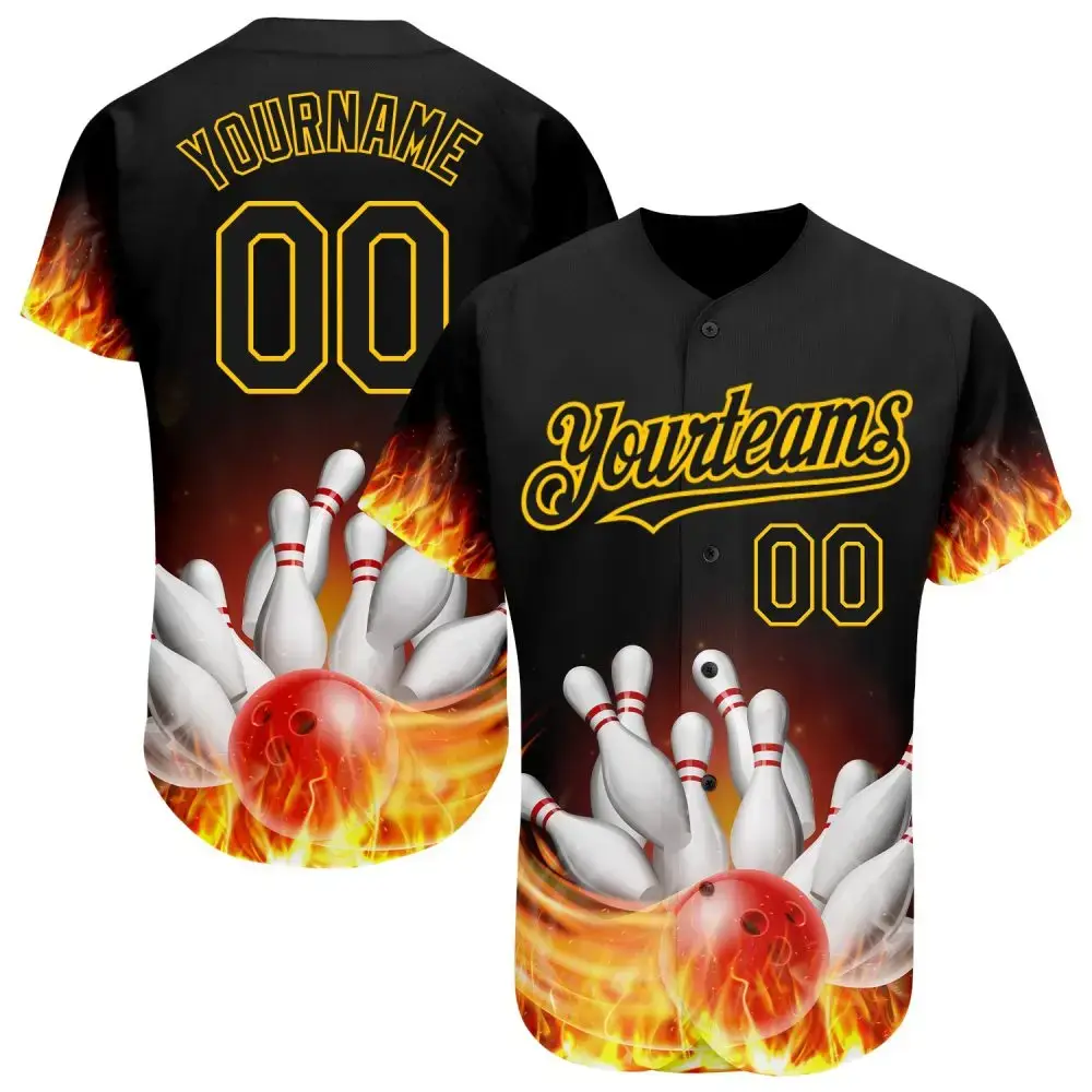 Custom Black Gold 3D Pattern Design Flame Bowling Authentic Baseball Jersey Image