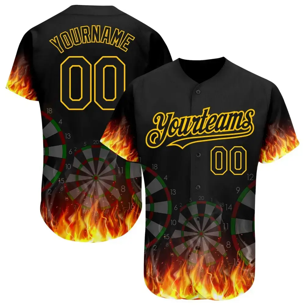 Custom Black Gold 3D Pattern Design Flame Dart Board Authentic Baseball Jersey Image
