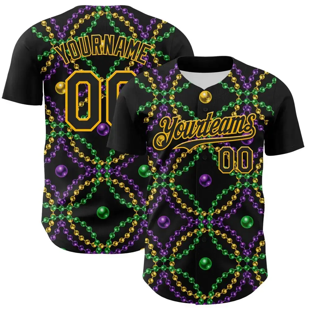 Custom Black Gold 3D Pattern Design Mardi Gras Shrove Tuesday Authentic Baseball Jersey Image