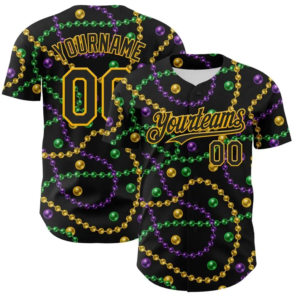 Custom Black Gold 3D Pattern Design Mardi Gras Shrove Tuesday Authentic Baseball Jersey Image