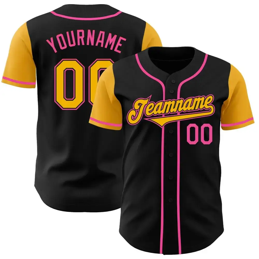 Custom Black Gold-Pink Authentic Two Tone Baseball Jersey Image