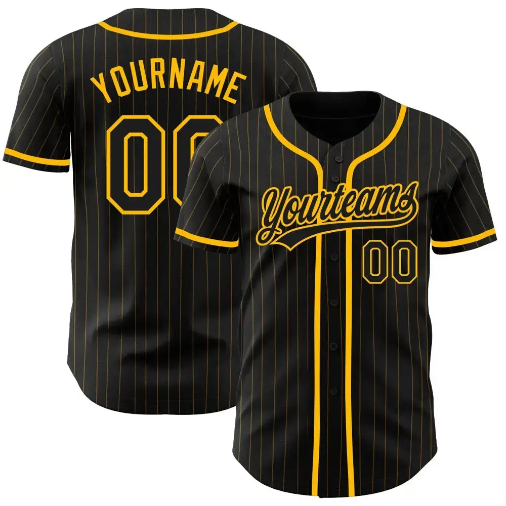 Custom Black Gold Pinstripe Black Authentic Baseball Jersey Image