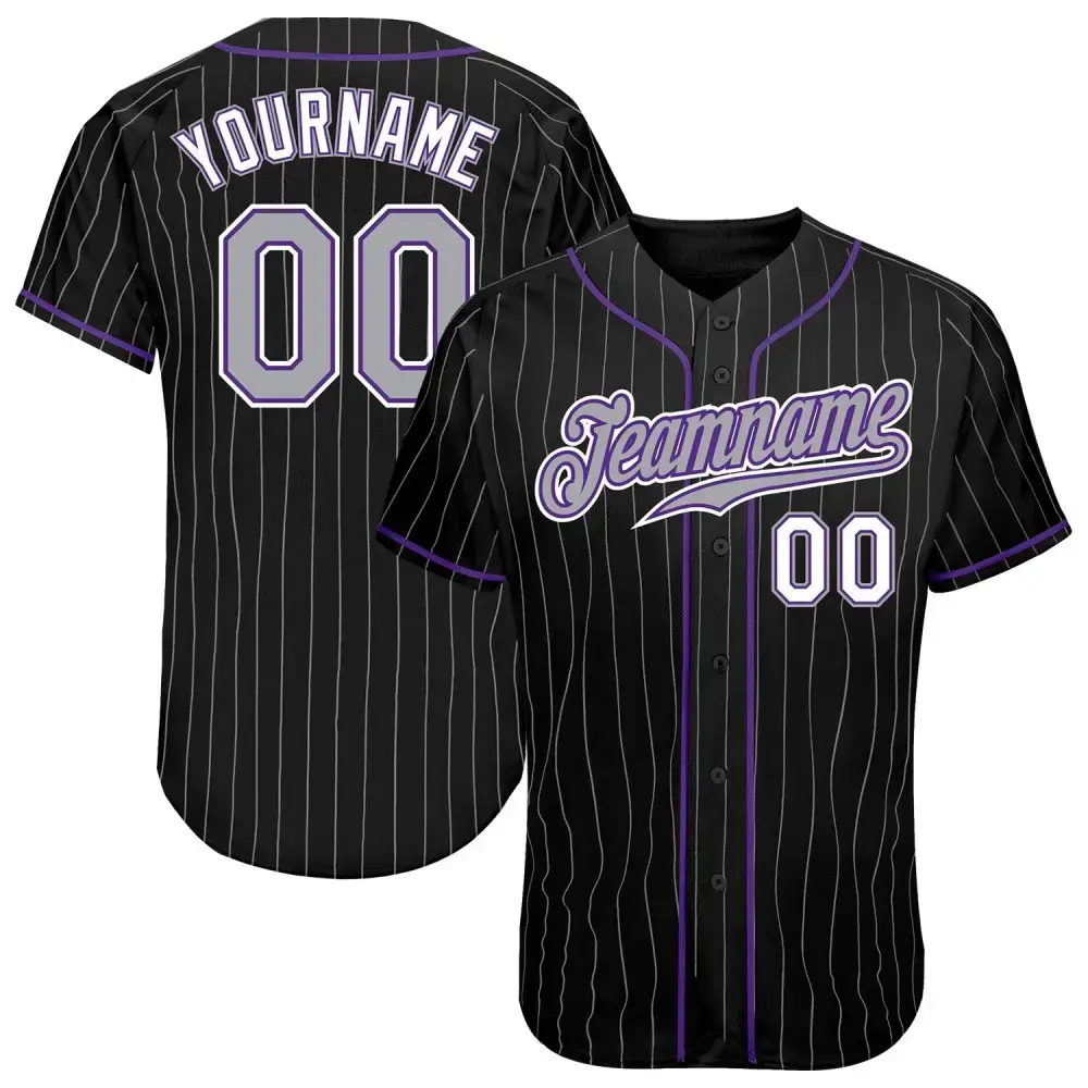 Custom Black Gray Pinstripe Gray-Purple Authentic Baseball Jersey Image