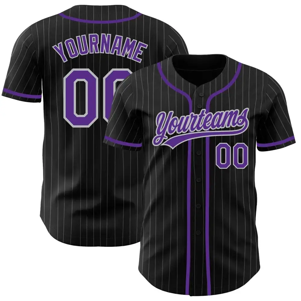 Custom Black Gray Pinstripe Purple Authentic Baseball Jersey Image