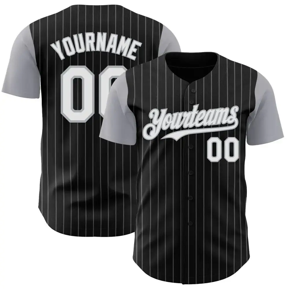 Custom Black Gray Pinstripe White Authentic Two Tone Baseball Jersey Image