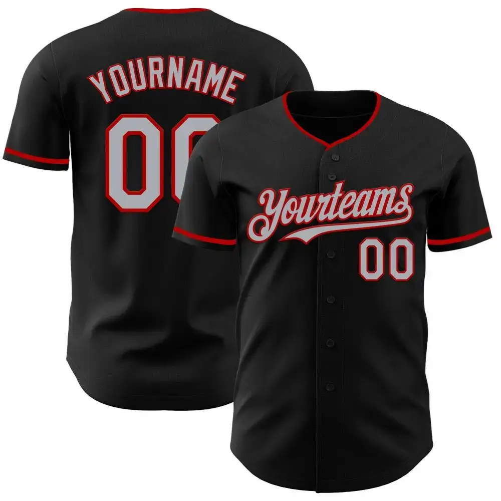 Custom Black Gray-Red Authentic Baseball Jersey Image
