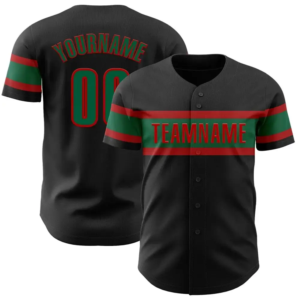 Custom Black Kelly Green-Red Authentic Baseball Jersey Image