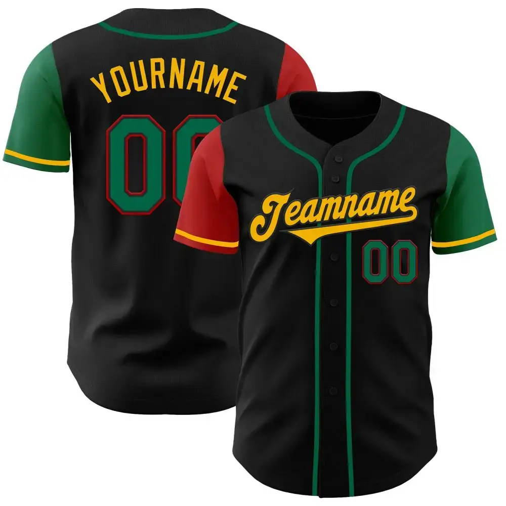 Custom Black Kelly Green Red-Gold Authentic Two Tone Baseball Jersey Image