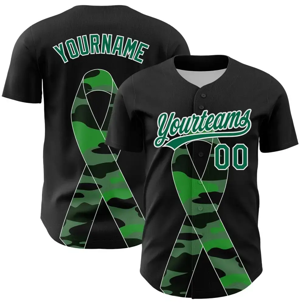 Custom Black Kelly Green-White 3D Liver Cancer Ribbon Authentic Baseball Jersey Image