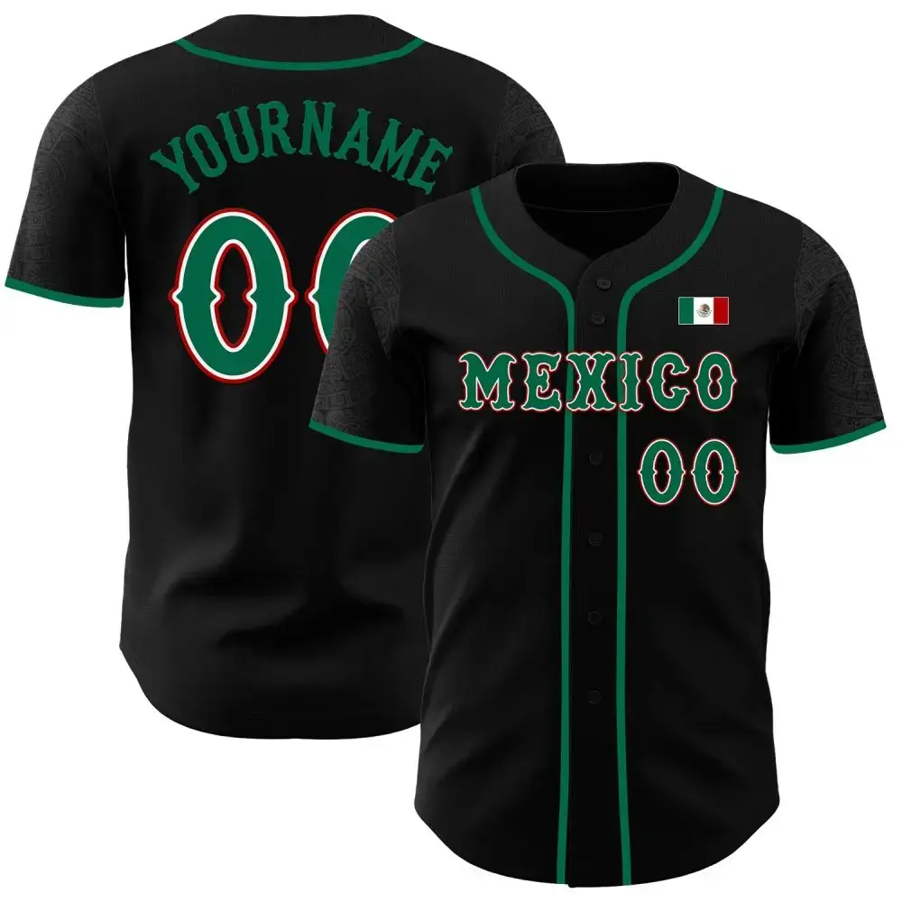 Custom Black Kelly Green White-Red 3D Mexico Mexican Flag Authentic Baseball Jersey Image