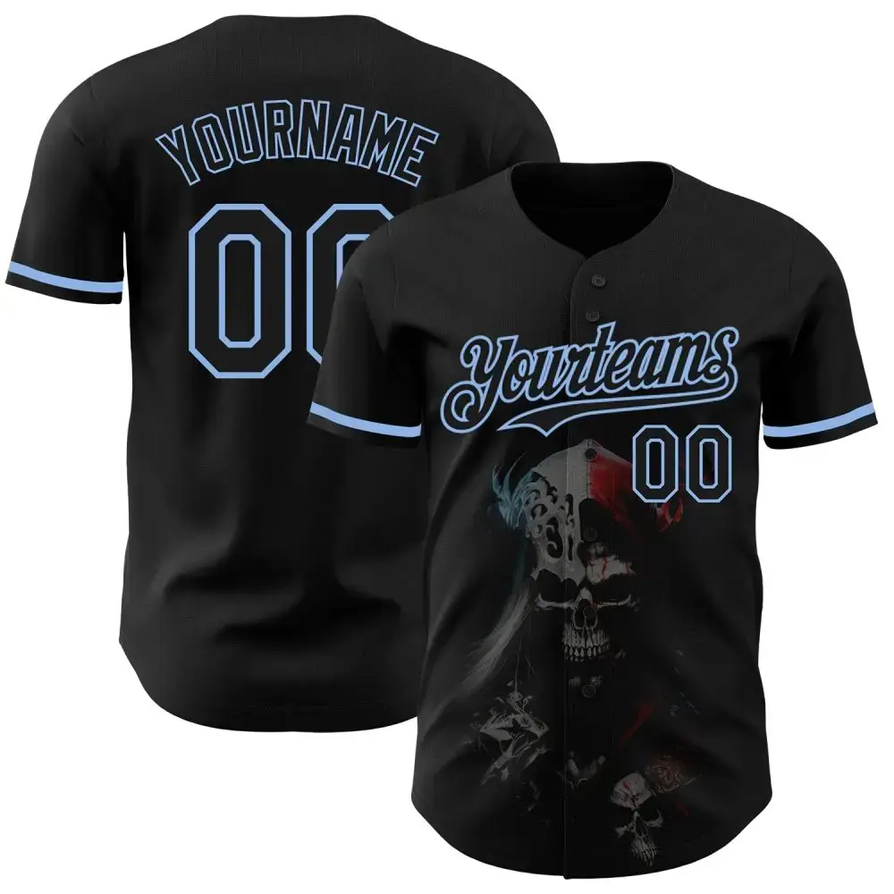 Custom Black Light Blue 3D Skull Fashion Authentic Baseball Jersey Image