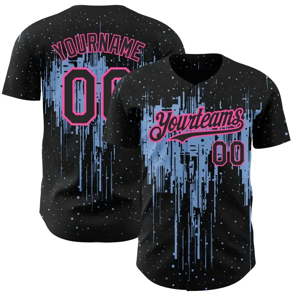 Custom Black Light Blue-Pink 3D Pattern Design Dripping Splatter Art Authentic Baseball Jersey Image
