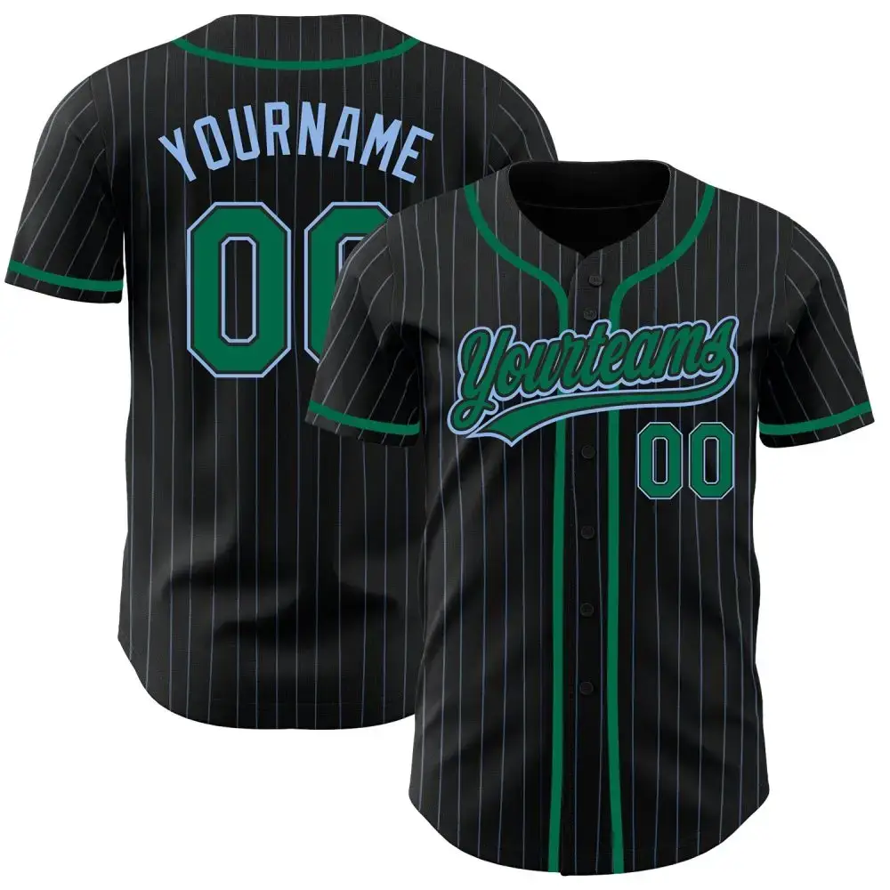 Custom Black Light Blue Pinstripe Kelly Green Authentic Baseball Jersey Image