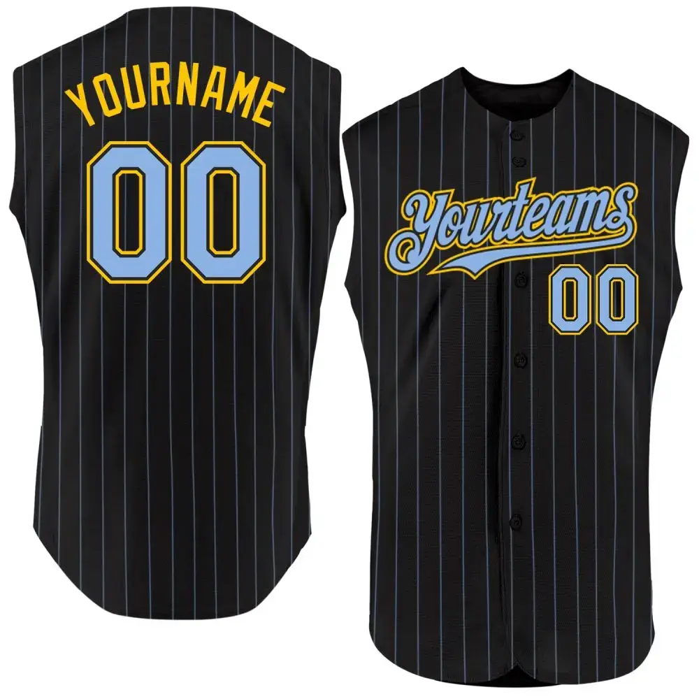 Custom Black Light Blue Pinstripe Yellow Authentic Sleeveless Baseball Jersey Image