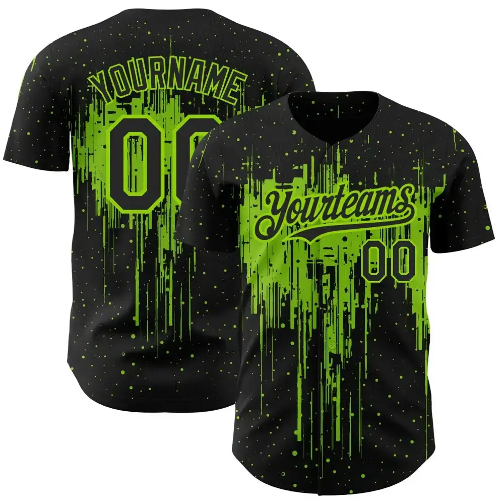 Custom Black Neon Green 3D Pattern Design Dripping Splatter Art Authentic Baseball Jersey Image