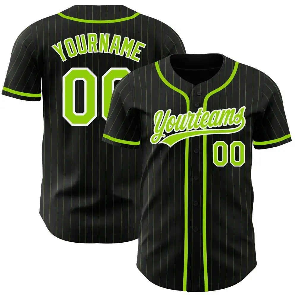 Custom Black Neon Green Pinstripe Neon Green Authentic Baseball Jersey Image