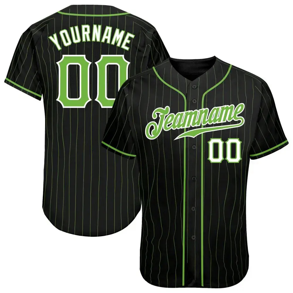 Custom Black Neon Green Pinstripe Neon Green-White Authentic Baseball Jersey Image