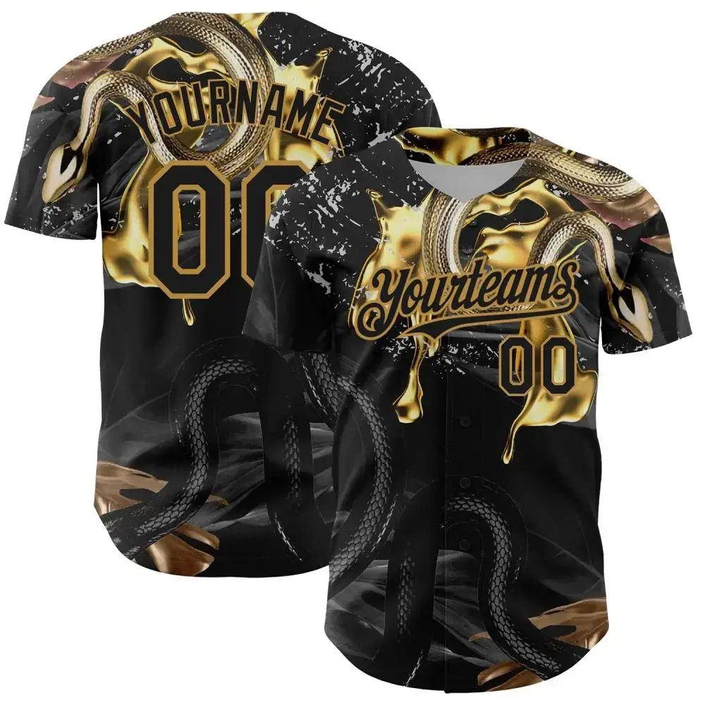 Custom Black Old Gold 3D Pattern Design Animal Snake Authentic Baseball Jersey Image
