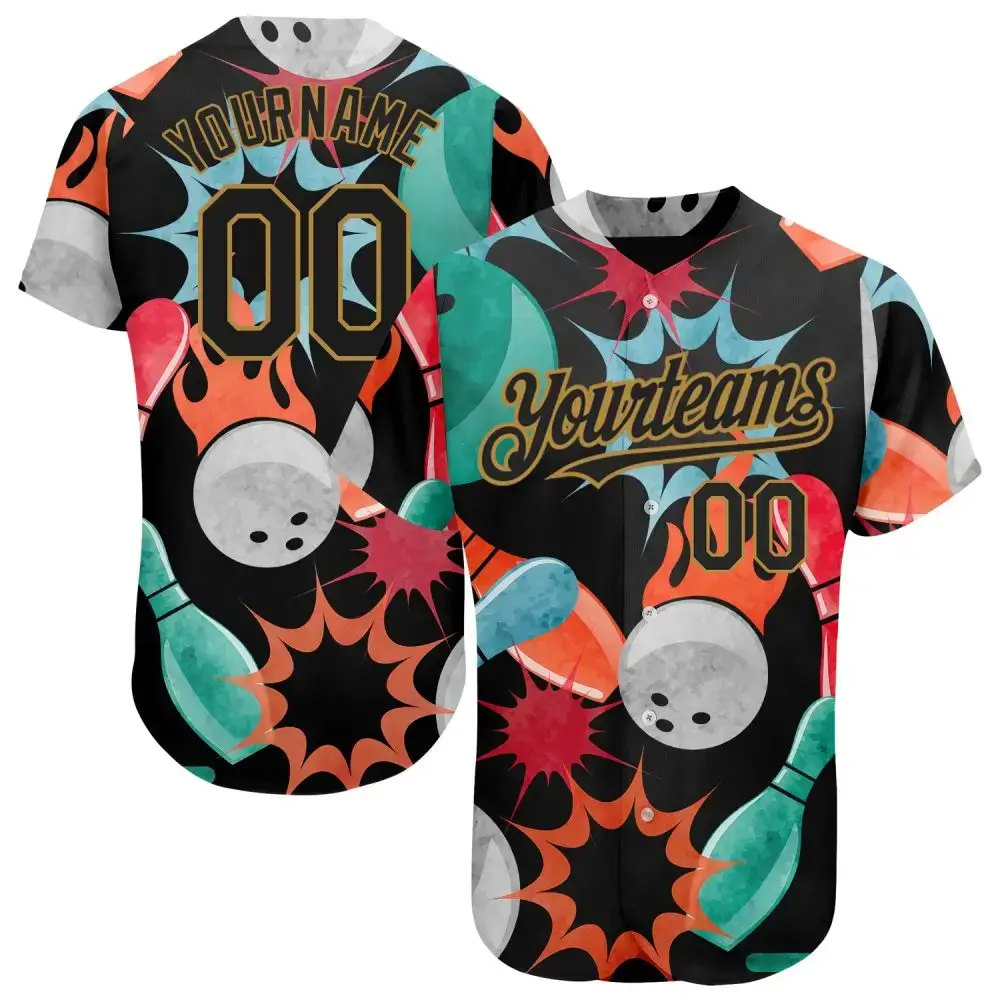 Custom Black Old Gold 3D Pattern Design Bowling Authentic Baseball Jersey Image