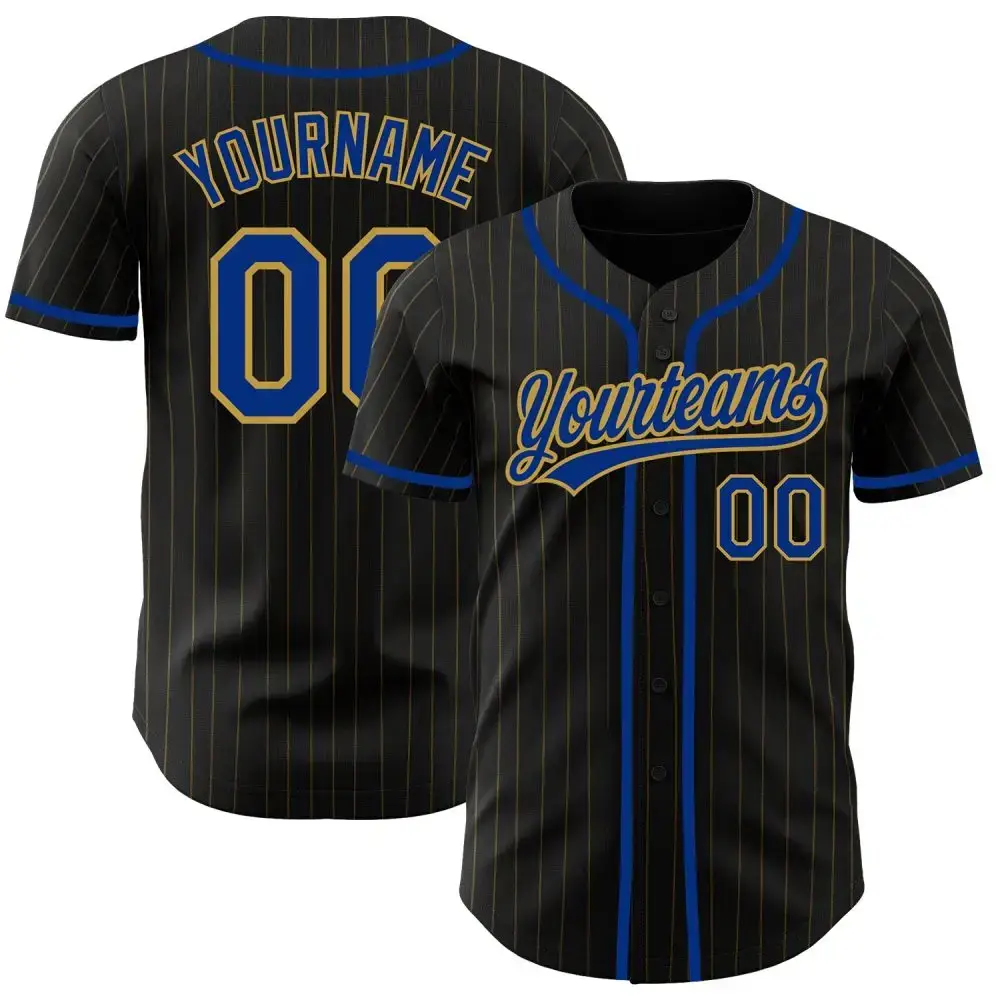 Custom Black Old Gold Pinstripe Royal Authentic Baseball Jersey Image