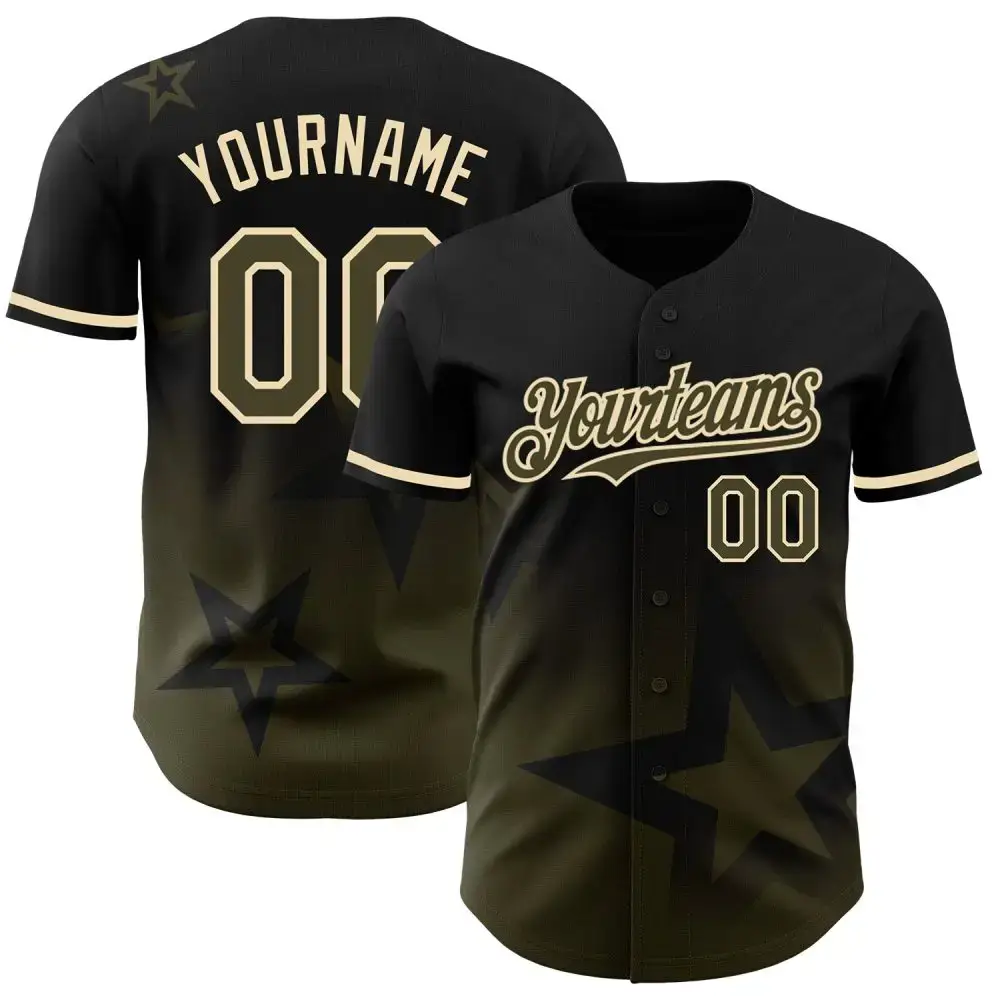 Custom Black Olive-Cream 3D Pattern Design Gradient Style Twinkle Star Authentic Baseball Jersey Image