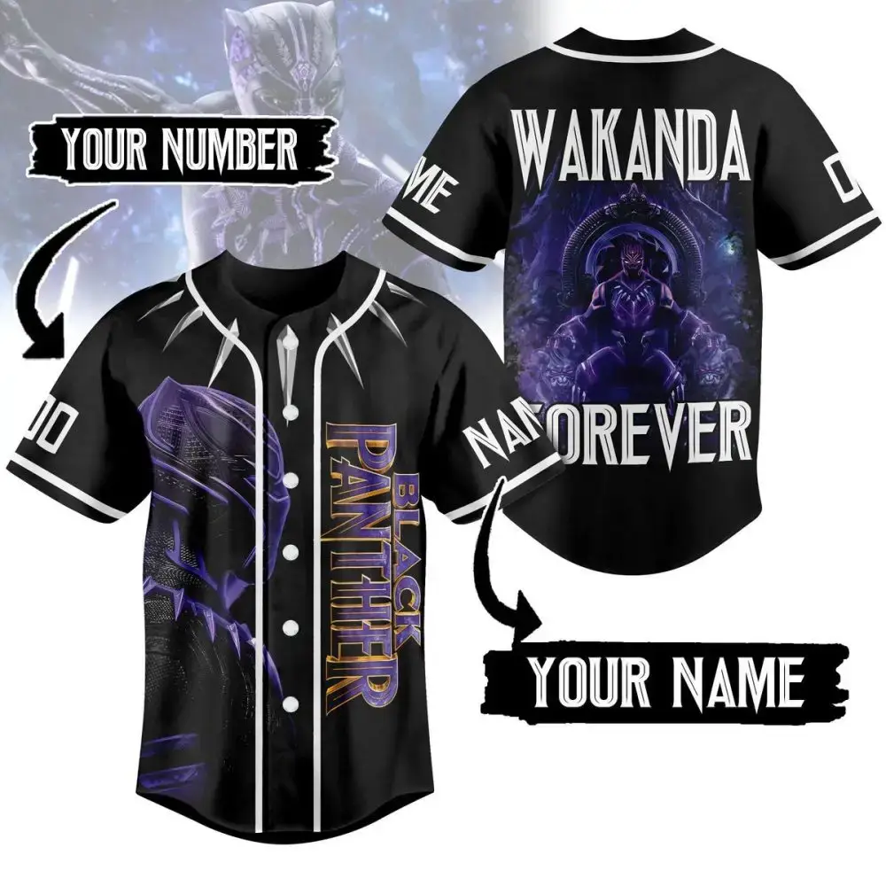 Custom Black Panther Baseball Jersey - Wakanda Forever Design, Personalize With Name & Number Image
