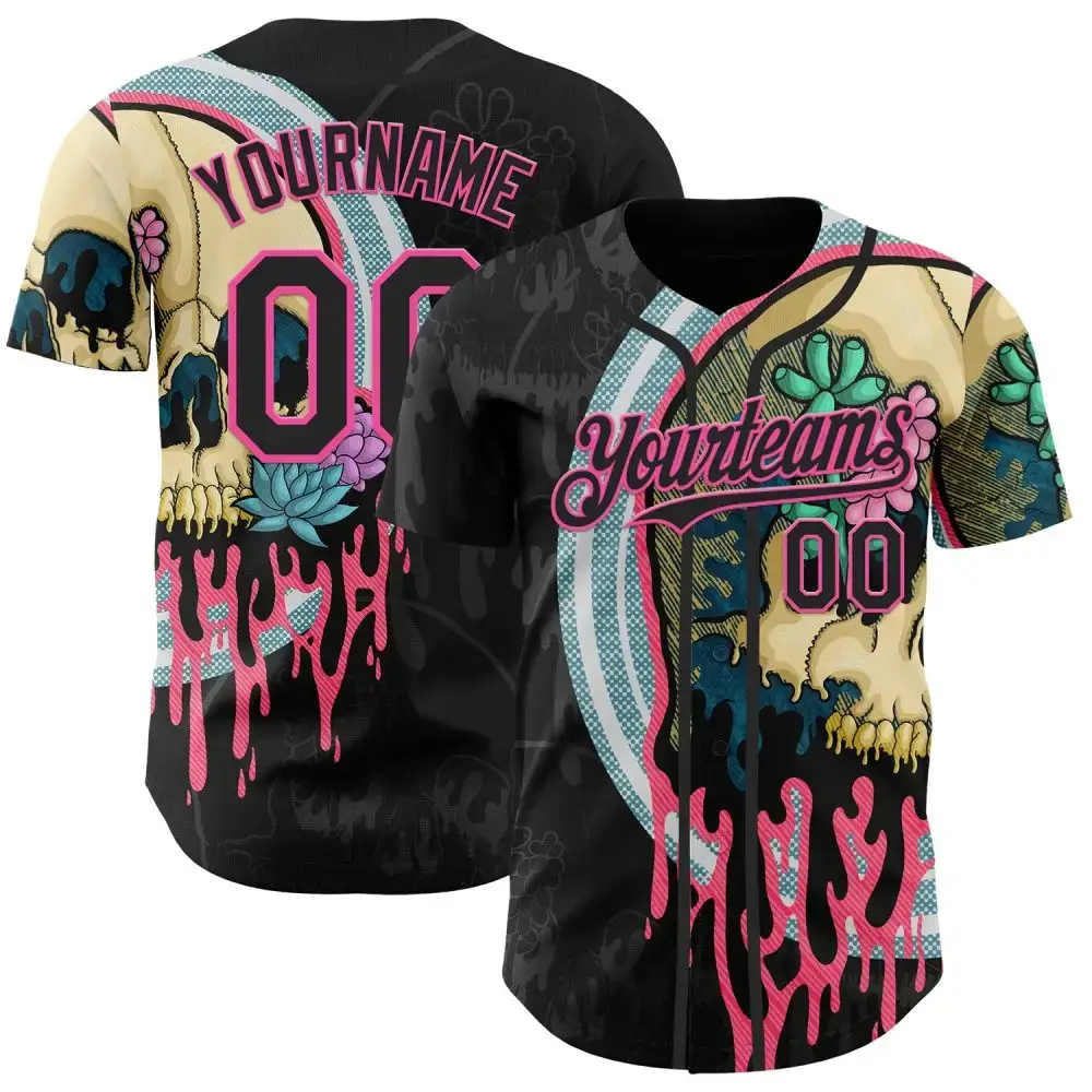 Custom Black Pink 3D Illymakes Drippy Succulent Skull Authentic Baseball Jersey Image