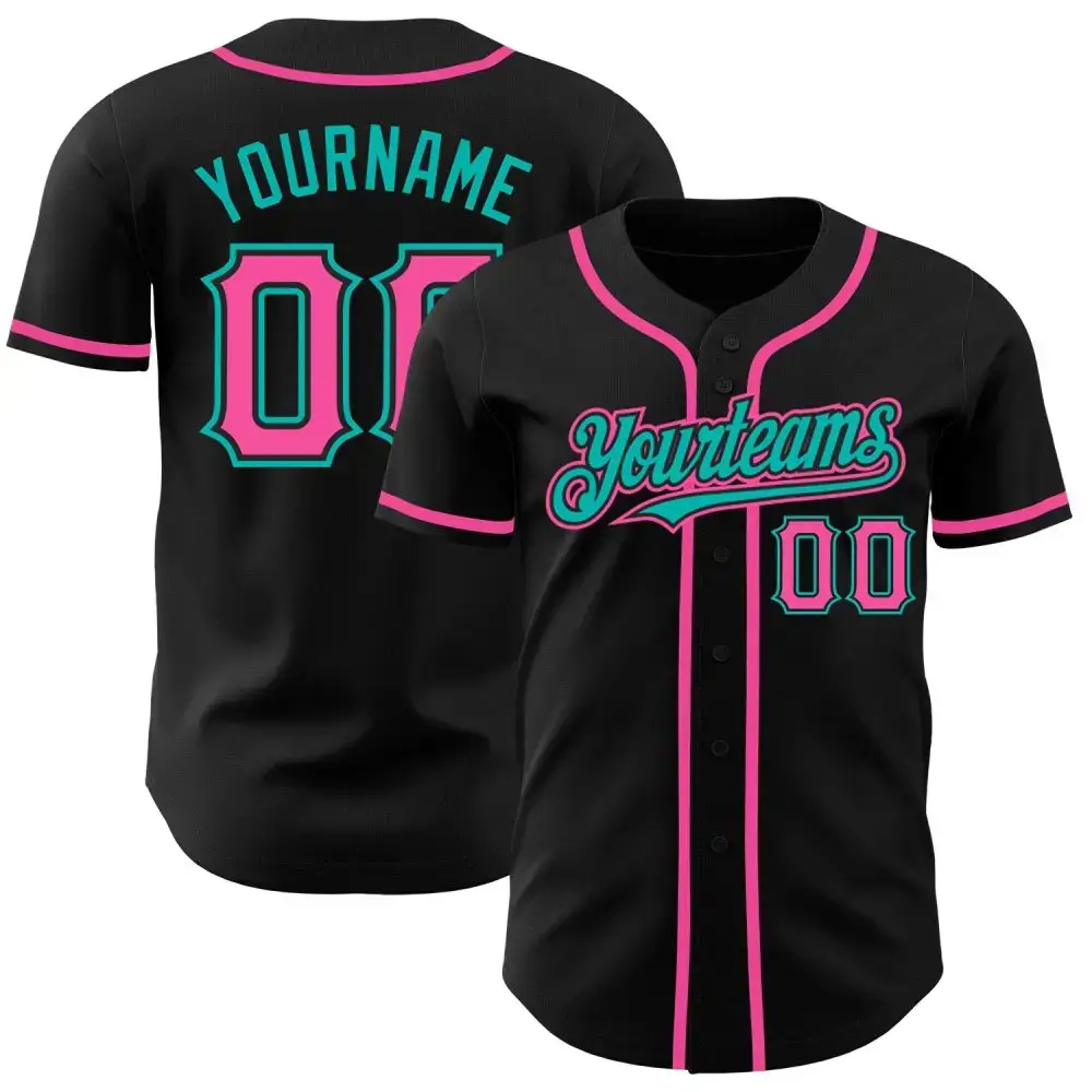 Custom Black Pink-Aqua Authentic Baseball Jersey Image