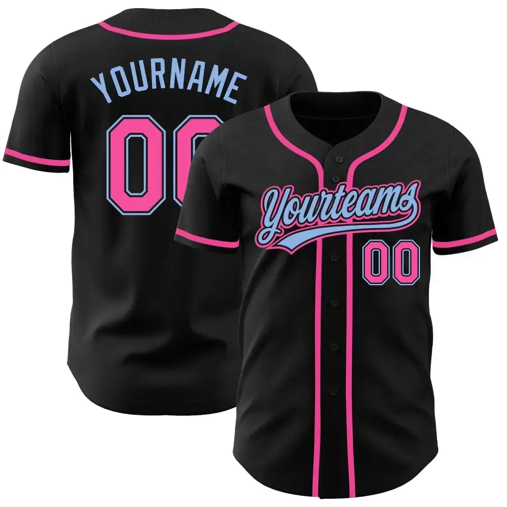 Custom Black Pink-Light Blue Authentic Baseball Jersey Image