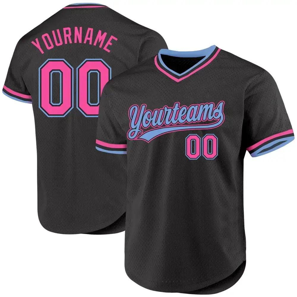 Custom Black Pink-Light Blue Authentic Throwback Baseball Jersey Image