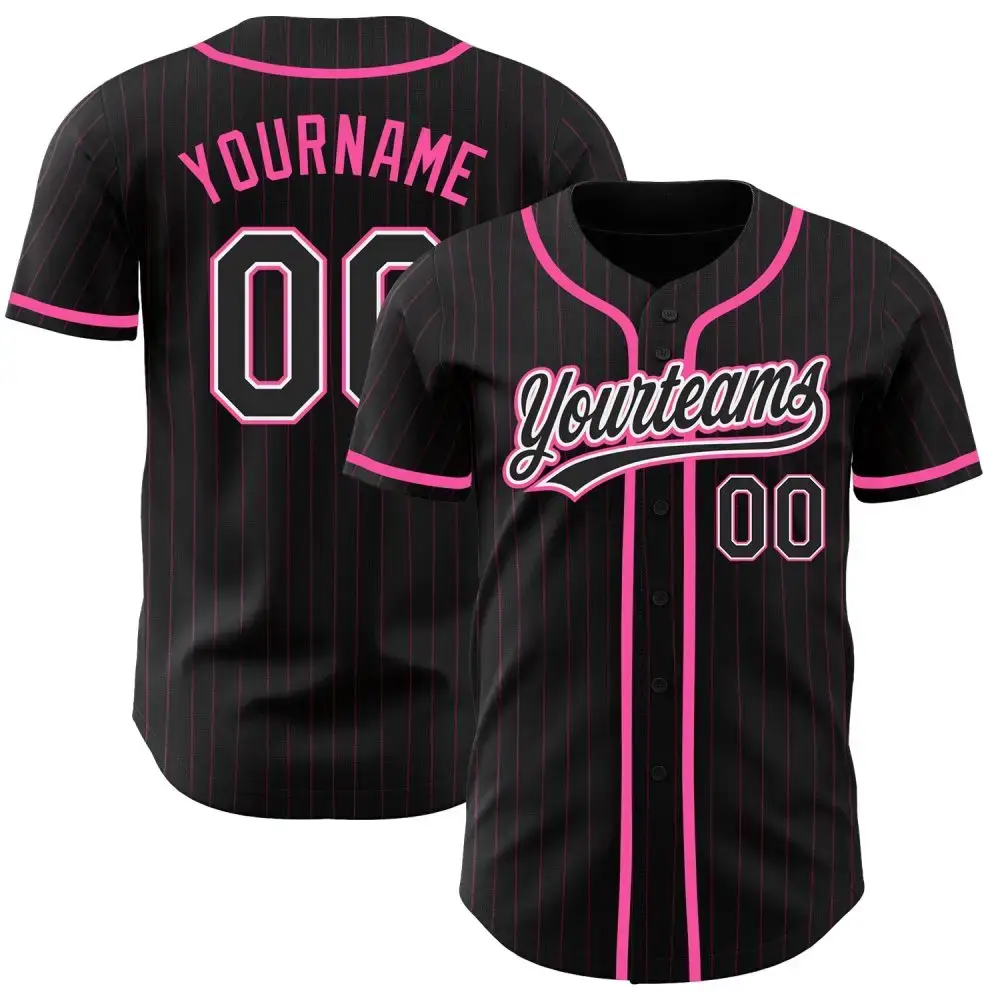 Custom Black Pink Pinstripe Black-White Authentic Baseball Jersey Image