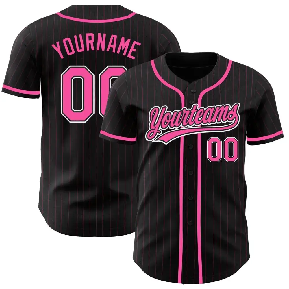 Custom Black Pink Pinstripe Pink-White Authentic Baseball Jersey Image