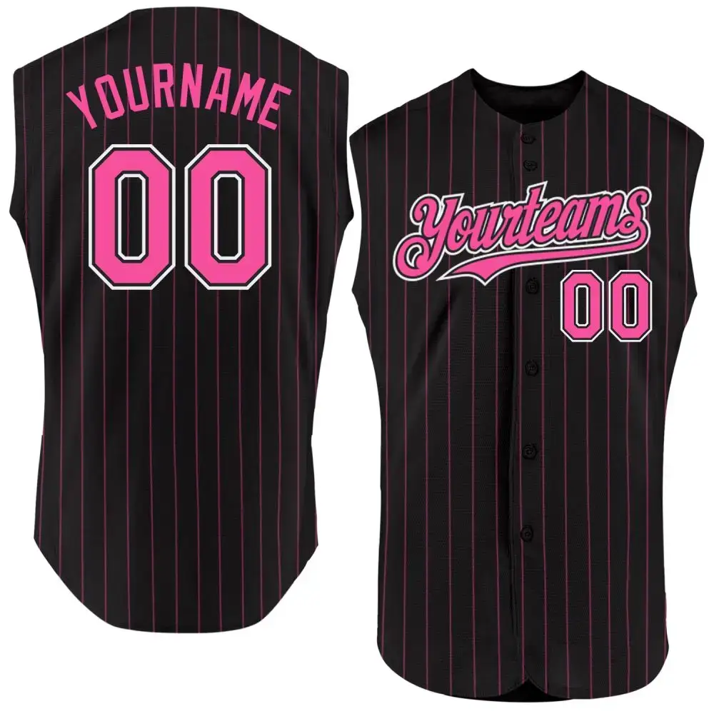 Custom Black Pink Pinstripe White Authentic Sleeveless Baseball Jersey Image