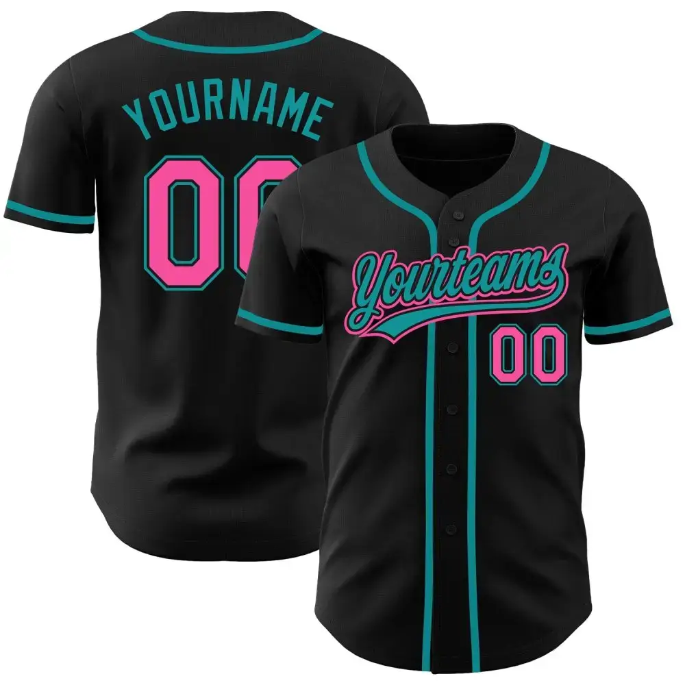 Custom Black Pink-Teal Authentic Baseball Jersey Image
