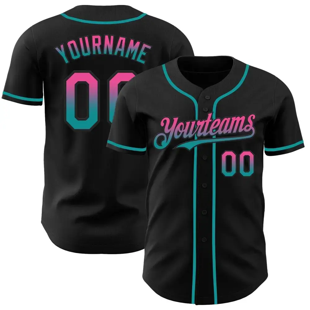 Custom Black Pink-Teal Authentic Fade Fashion Baseball Jersey Image