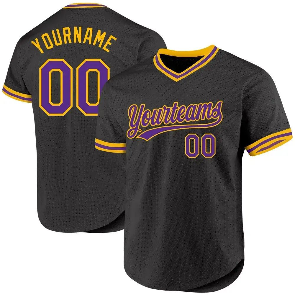 Custom Black Purple-Gold Authentic Throwback Baseball Jersey Image